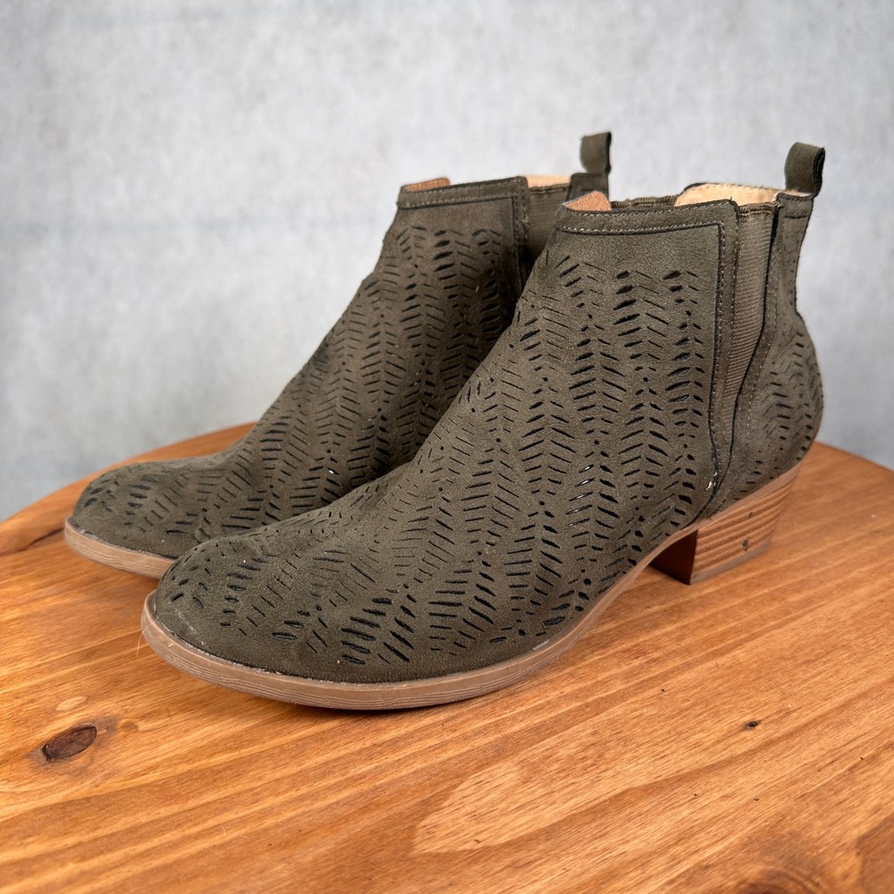 Report Kettlecorn Ankle Boots Women 7.5 Olive Green Good Laser Cut Boho Booties
